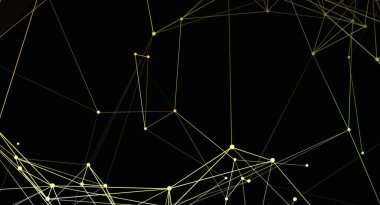 Bu resim, siyah bir zemin üzerinde sarı çizgiler ve noktalardan oluşan soyut bir ağ tasvir eder. Geometrik bağlantıların ağ benzeri bir şablon oluşturduğu teknolojik veya dijital bir konsept öneriyor..