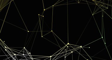 Siyah zemin üzerinde sarı ve beyaz çizgiler ve düğümlerle soyut bir ağ bağlantısı. Çizgiler karmaşık bir geometrik desen oluşturuyor. Bu da geleceksel ya da teknolojik bir temayı işaret ediyor..