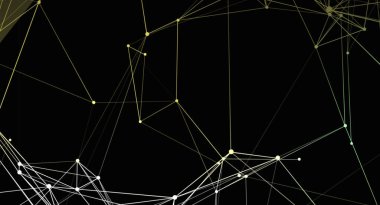 Bu resim, birbirine bağlı çizgilerden oluşan soyut bir ağı ve siyah arkaplan üzerindeki noktaları gösterir. Tasarım teknoloji, veri ve dijital bağlantıları iletir.