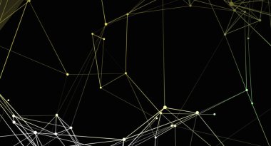 Bağlı çizgi ve noktalardan oluşan soyut bir ağ, siyah bir arkaplan üzerinde görüntülenir, çizgiler sarıdan beyaza doğru bir gradyanı gösterir, dinamik ve fütüristik bir resim yaratır..