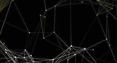 Karanlık bir arkaplan karşısında geometrik çizgilerle bir ağ oluşturan bağlı parlayan düğümlerin soyut bir arkaplanı. Dijital bağlantıları ve gelecekçi teknolojiyi temsil eder.