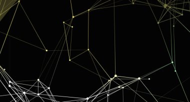 Bu resim siyah bir arkaplanda birbirine bağlı çizgi ve düğümlerden oluşan soyut bir ağı betimler. Çizgiler beyazdan sarıya ve yeşilden yeşile değişir. Düğümler küçük daireler şeklinde görünür. Ağ karmaşık ve fütüristik görünüyor.