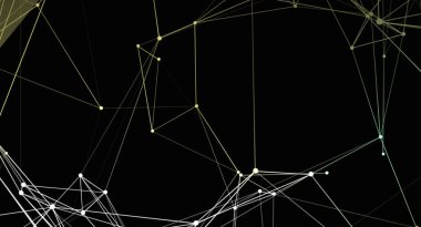 Bağlı düğüm ve çizgilerden oluşan bir ağ ile soyut illüstrasyon. Çizgiler ve noktalar farklı renktedir. Arka plan siyah. Teknoloji, iletişim veya bilimsel amaçlar için kullanılabilir..