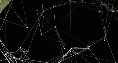 Birbirine bağlı beyaz ve sarı çizgilerden oluşan bir ağ ve koyu bir arkaplan üzerinde noktalar içeren soyut bir resim. Çizgiler karmaşık bir yapı oluşturarak bağlantı, veri akışı ya da teknolojik bir ağ oluşturur. Özgeçmiş için uygun, sunum