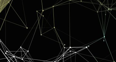Dijital soyut bir ağ, siyah bir arkaplan üzerinde geometrik bir desen üzerinde birleştirici çizgiler ve noktalar ile gösterilir. Çizgilerin rengi sarıdan beyaza değişir ve görsel bir etki yaratır. Bu resim arka plan ya da teknoloji için uygundur.