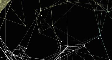 Siyah bir zemin üzerinde bağlı çizgiler ve noktalardan oluşan bir ağ içeren soyut bir resim, geometrik ağ benzeri bir şablon yaratıyor. Tasarım modern ve fütüristik, çeşitli tasarım veya teknolojiyle ilgili bağlamlar için uygun görünüyor..