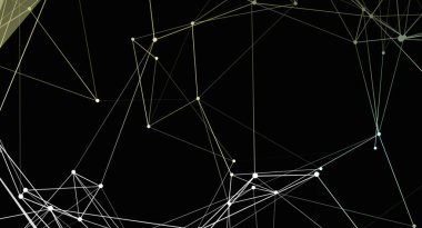Birbirine bağlı çizgi ve noktalardan oluşan bir ağı gösteren soyut bir dijital resim. Çizgiler ince ve siyah zemin üzerinde beyaz, sarı ve açık mavi renkli geometrik desenler oluşturuyor..