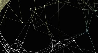 Bağlı çizgi ve noktalarla soyut bir arkaplan. Geometrik desen siyah bir zeminde. Bu resim web tasarımları, grafik projeleri veya teknolojiyle ilgili sunumlar için kullanılabilir..