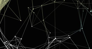 Katı siyah bir zemin üzerinde çizgiler ve noktalarla ağ bağlantısı içeren karmaşık bir soyut tasarım. Bu tasarım, teknolojik gelişim ve dijital bağlantı hissini iletir. Çeşitli grafik projelerinde kullanılabilir..