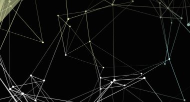 Beyaz çizgi ve noktalardan oluşan karmaşık bir ağ, siyah bir arkaplan karşısında soyut bir geometrik tasarım oluşturur. Birbirine bağlı düğümler ve çizgiler dijital bağlantı ve teknolojik gelişim hissi yaratıyor..