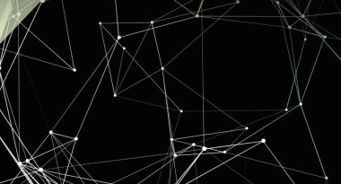 Birbirine bağlı beyaz çizgiler ve noktalardan oluşan bir ağı koyu siyah bir zemin üzerinde gösteren görsel olarak büyüleyici bir soyut resim. Bu modern ve geometrik tasarım, fütürist bir zemin için ideal bir teknoloji ve dijital bağlantıyı çağrıştırıyor. 