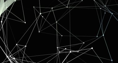 Beyaz çizgiler ve noktalardan oluşan modern bir soyut tasarım siyah bir arkaplanda bir ağ oluşturuyor. Görüntü bağlantı, teknoloji ve veri transferini fütüristik bir hisle gösteriyor. Özgeçmiş, sunumlar veya teknolojik temalar için uygundur.