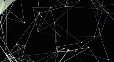 Bu soyut resim, birbirine bağlı beyaz çizgiler ve siyah arkaplan üzerindeki noktalardan oluşan bir ağı temsil eder. Çizgiler karmaşık bir geometrik kalıp oluşturuyor, bağlantı ve teknoloji hissi yaratıyor..