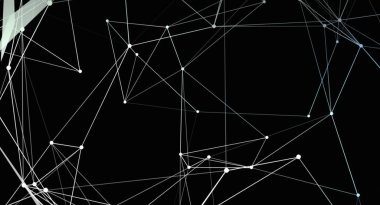 Bu resim birbirine bağlı beyaz çizgi ve noktalardan oluşan bir ağı siyah bir arkaplan üzerinde gösterir. Soyut geometrik desen, dijital bağlantı ve modern teknoloji hissi yaratıyor. Çizgilerin ve noktaların etkileşimi yapılandırılmış bir ağ oluşturur.