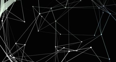Noktaları siyah arkaplana bağlayan beyaz çizgilerden oluşan bir ağ ile soyut bir arkaplan. Teknoloji, veri veya gelecek kavramları için ideal.