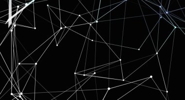 Beyaz çizgilerden oluşan soyut geometrik ağ ve noktalar koyu bir arkaplan üzerinde örgü gibi bir yapı oluşturuyor. Bu fütürist tasarım veri bağlantılarını ve teknolojik ağları temsil etmektedir. Özgeçmiş, sunum ve bilimsel illüstrasyon için uygun
