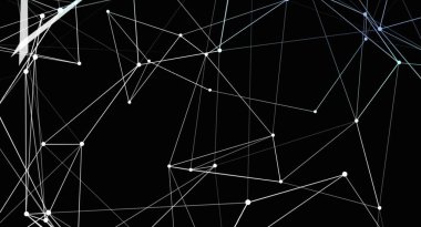 Bu resim siyah zemin üzerinde beyaz çizgiler ve noktalardan oluşan soyut bir ağ sergiliyor. Tasarım, dijital bir bağlantı veya karmaşık bir web yapısına benzeyen minimalist ve modern bir yapıya sahiptir. Beyaz çizgiler kesişiyor ve noktaları birleştiriyor.