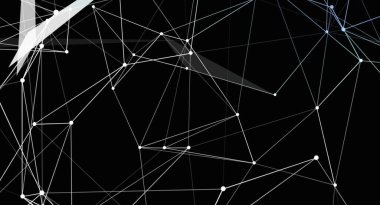 Siyah bir zemin üzerinde birbirine bağlı beyaz çizgiler ve noktalardan oluşan bir ağ barındıran modern bir soyut görüntü geometrik ve geleceksel bir his yaratıyor. Bu tasarım veri, teknoloji, bağlantılar veya soyut görselleştirmeleri temsil etmek için mükemmeldir..