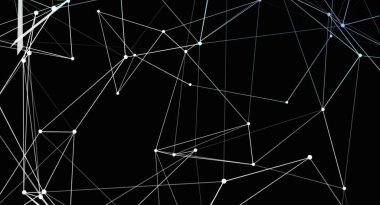 Bu resim siyah arkaplanda birbirine bağlı çizgiler ve düğümlerle soyut bir ağ sunar. Tasarım minimalist, bağlantı ve teknoloji hissi yaratan çizgileri ve noktaları vurguluyor..