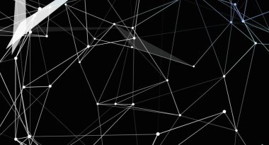 Bu resim, siyah zemin üzerinde beyaz çizgiler ve noktalar olan soyut bir dijital ağı, fütüristik ve modern bir tasarım yaratmaktadır. Çizgiler noktaları birleştiriyor, veri, bağlantı ve komün içeren geometrik, çokgen bir yapı oluşturuyor.