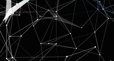 Beyaz çizgiler ve noktalarla bir ağ bağlantısının modern bir soyut çizimi siyah arkaplan üzerinde geometrik bir yapı oluşturuyor. Şablon, dijital teknoloji ve iletişimi akla getiriyor. Arkaplan ve tasarım unsurları için ideal. Çokgen