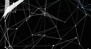 Beyaz çizgiler ve noktaların yer aldığı soyut bir resim siyah bir arkaplan üzerinde ağ veya bağlantı kuruyor. Tasarımın teknolojik ve geleceksel bir havası var..