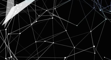 Bağlı çizgilerin ve noktaların dijital soyut arkaplanı, teknoloji veya tasarım projeleri için ideal, karanlık bir arkaplan karşısında bir ağ yapısı oluşturur..