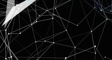 Beyaz geometrik çizgiler ve noktaların yer aldığı modern bir soyut arkaplan siyah bir arkaplan üzerinde ağ benzeri bir yapı oluşturuyor. Bu resim bağlantı, teknoloji ve dijital kavramları öneriyor.