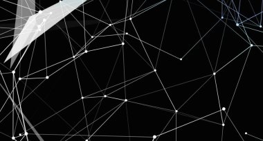 Bu soyut görüntü, siyah bir arkaplan karşısında geometrik desen oluşturan beyaz çizgiler ve noktalardan oluşan bir ağ oluşturuyor. Tasarım, teknoloji, bağlantı ve modern dijital iletişimi çağrıştırıyor..
