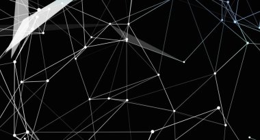 Bu soyut görüntü, modern bir teknoloji kavramını temsil eden, siyah arkaplandaki beyaz çizgiler ve noktalarla bir ağ bağlantısını gösteriyor. Çizgiler ve noktalar birbirine bağlı, karmaşık bir geometrik yapı oluşturuyor..