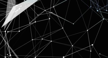 Siyah bir zemin üzerinde beyaz çizgiler ve noktalardan oluşan bir ağ gösteren soyut görüntü, bağlantı ve teknolojiyi temsil ediyor. Dijital hissi olan geometrik ve modern bir model..