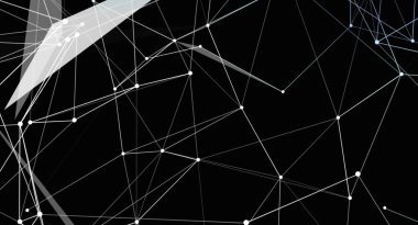 Bu siyah zemin üzerinde beyaz çizgiler ve daireler olan soyut geometrik bir ağ resmi. Çizgiler, modern ve fütüristik bir görünüm kazandırarak, geniş açılı bir yapı yaratıyor ve üçgenler ve çokgenler oluşturuyor. Tasarım dijital bir inte benziyor.