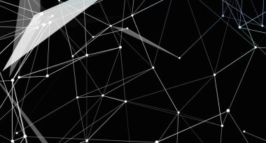 Bu, birbirine bağlı çizgiler, noktalar ve siyah bir arkaplan karşısında geometrik şekilli bir ağın soyut bir görüntüsü. Beyaz çizgilerin ve noktaların kullanımı dijital ve fütüristik bir his yaratır..