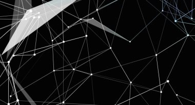 Siyah zemin üzerinde beyaz çizgiler ve noktalar olan soyut dijital ağ arkaplanı. Bu görüntünün geleceksel ve teknolojik bir hissi var ve bir ağ, bağlantı ya da veri transferini temsil edebilir..