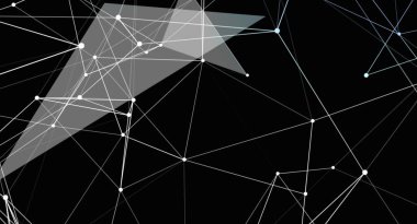 Geometrik şekiller oluşturmak için beyaz ve açık gri çizgiler ve noktalar içeren soyut bir arkaplan. Tasarım, modern ve fütüristik bir his yaratan siyah bir arkaplan üzerine kurulmuştur. Bu örüntü teknolojiye veya bilimle ilgili 