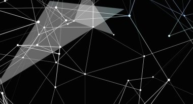 Siyah zemin üzerinde soyut geometrik ağ. Resim, karmaşık ağ benzeri bir yapı oluşturan beyaz çizgiler ve noktalar içeriyor. Bazı geometrik şekiller ışık rengiyle doludur, modern ve geleceksel bir tasarım yaratır..
