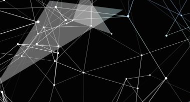 Siyah bir zemin üzerinde birbirine bağlı beyaz çizgiler ve noktalardan oluşan bir ağ içeren soyut bir arkaplan. Bu geometrik desen bağlantı, teknoloji ve veri temalarını iletir.