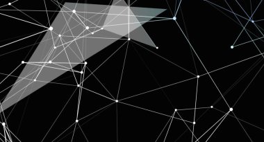 Beyaz çizgiler ve noktaların geometrik desende birbirine bağlandığı bir dijital ağ arkaplanı. Modern ve soyut olan stil, bağlantı, veri, teknoloji ve iletişim kavramlarını ortaya koymaktadır..
