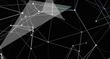 Bu, siyah arkaplana bağlı beyaz çizgiler ve noktalardan oluşan bir ağı gösteren soyut bir dijital görüntü, bazı çizgiler gri ölçekte üçgen şekiller oluşturuyor..