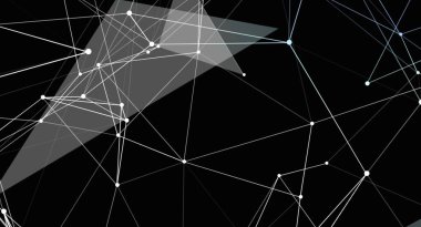Siyah arkaplan üzerinde beyaz çizgiler, noktalar ve saydam gri çokgenler olan soyut bir ağ arka planı. Resim birbirine bağlı sistemleri ve teknolojiyi temsil ediyor..