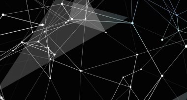 Siyah arka planda beyaz çizgiler ve noktalardan oluşan bir ağ içeren soyut bir dijital sanat eseri. Tasarım, bağlantı, teknoloji ve veri transferi kavramlarını gösteren modern, geometrik bir desen sergiliyor. Çizgiler ağ benzeri bir katman oluşturuyor.