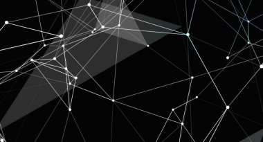 Siyah bir zemin üzerinde birbirine bağlı beyaz çizgiler ve düğümlerle soyut bir arkaplan, geometrik bir şablon oluşturur. Ağ, teknoloji ve dijital bağlantıları çağrıştırıyor..