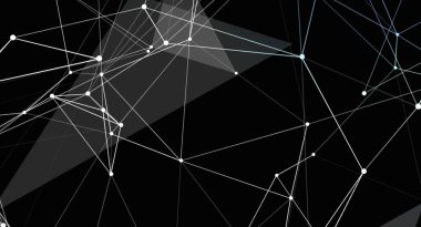 Bu resim, siyah arkaplana beyaz çizgilerle bağlanmış soyut geometrik bir ağı gösteriyor. Bileşim, kesişen çizgiler ve üçgenlerden oluşuyor. Karmaşık ve birbirine bağlı bir ağ oluşturuyor. Fütürist ve teknolojik