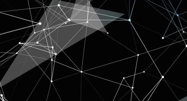 Bu soyut resim birbirine bağlı beyaz çizgiler ve noktalardan oluşan bir ağ içerir. Siyah arkaplan üzerinde karmaşık ve geometrik bir tasarım oluşturan saydam gri şekiller de mevcuttur. Genel etkisi modern ve teknolojik..