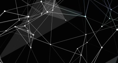 Birbirine bağlı beyaz düğümler ve çizgilerden oluşan geometrik bir ağı karanlık bir arkaplanda gösteren soyut bir çizim. Görüntü, minimalist ama karmaşık bir yapıyla modern teknoloji ve dijital bağlantı duygusunu çağrıştırıyor. Kullanım için ideal 