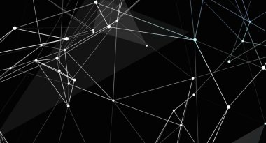 Noktaları birleştiren beyaz çizgilerle soyut geometrik arkaplan karanlık bir zemin üzerinde ağ oluşturuyor. Tasarım modern, minimalist ve çokgendir..