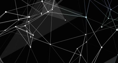 Bu resim, geometrik üçgenli siyah bir arkaplan üzerinde beyaz çizgi ve noktalardan oluşan soyut bir ağı gösteriyor. Tasarım, bağlantı, teknoloji ve modern iletişimi gösteriyor. Arkaplan olarak veya grafik tasarım projelerinde kullanmak için ideal.