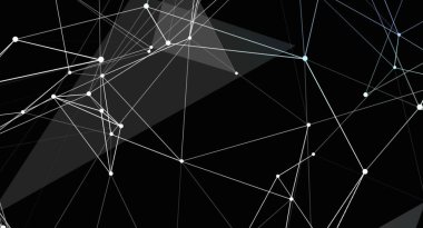 Bu, siyah zemin üzerinde beyaz çizgiler ve noktalar oluşturan soyut bir grafik. Tasarım dijital ve geometrik, teknoloji veya tasarımla ilgili kavramlar için uygun gibi görünüyor..