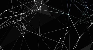 Siyah bir yüzey üzerinde birbirine bağlı beyaz çizgiler ve noktalar olan soyut bir ağ arkaplanı. Bu geometrik tasarım, teknoloji veya dijital iletişim projeleri için uygun modern ve geleceksel bir his yaratır..
