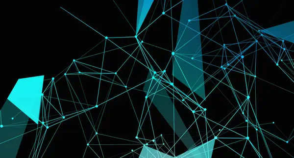 Bu soyut bir ağ dizaynı, birbirine bağlı çizgiler ve koyu bir arkaplan karşısında canlı mavi noktalar içeriyor. Geometrik şablon bir ağ yapısını işaret ediyor, veri bağlantısı ve dijital teknolojiyi çağrıştırıyor..